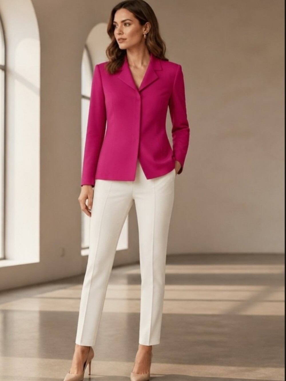 Women's Fuchsia Tailored Blazer - Single-Breasted Suit Jacket Silk